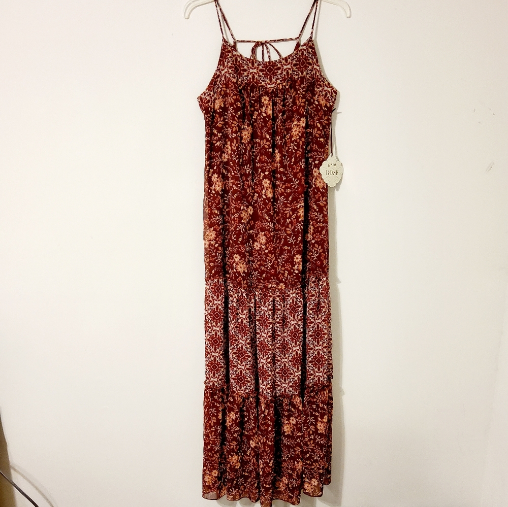 Knox Rose Burgundy/White Floral Pint Spaghetti Tiered Maxi Dress Roundneck Sz S